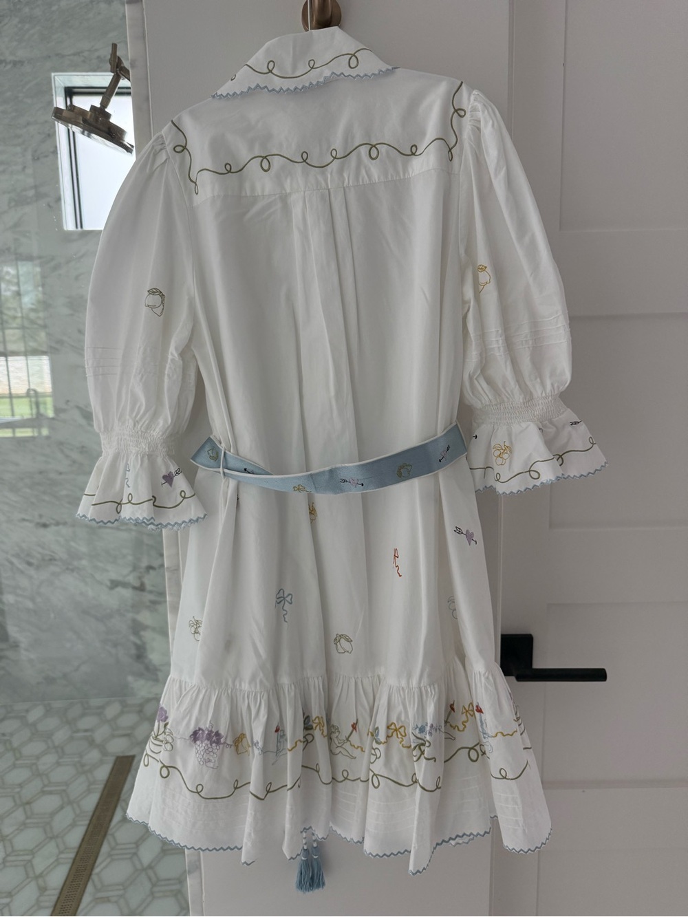 Alemais Giulia Embroidered White Cotton Mini Dress with Blue Sash - Picture 5 of 7